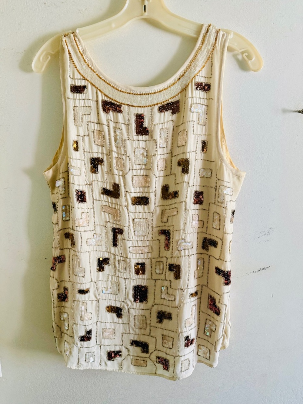 Lucky Brand White Tank Top with Brown and Champagne Beaded Details